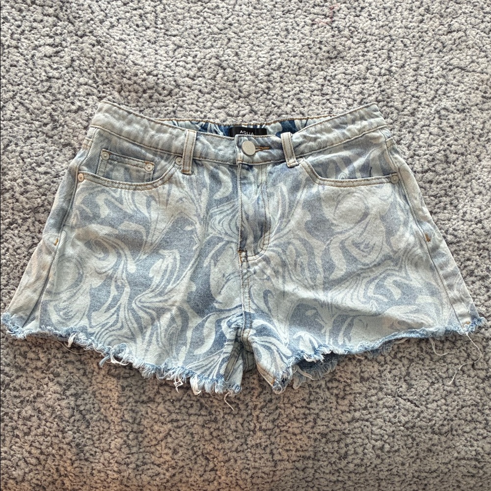 Blue Patterned Jean Shorts